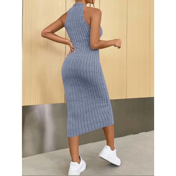 Minimalist Halter ribbed knot Bodycon midi Dress green - Picture 7 of 12